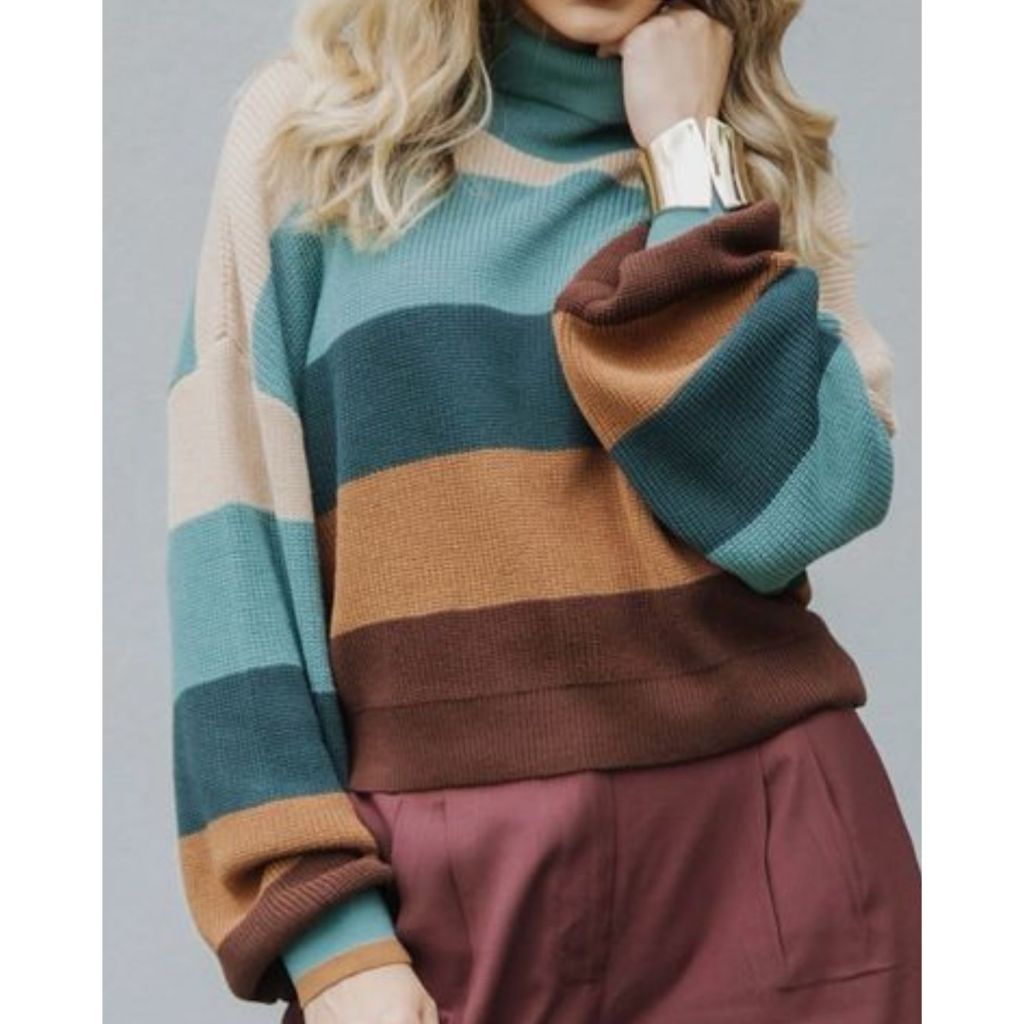 Blusa Feminina Tricot Listras Largas Horizontais Tricô Gola Cacharrel Canelada Manga Longa Inverno