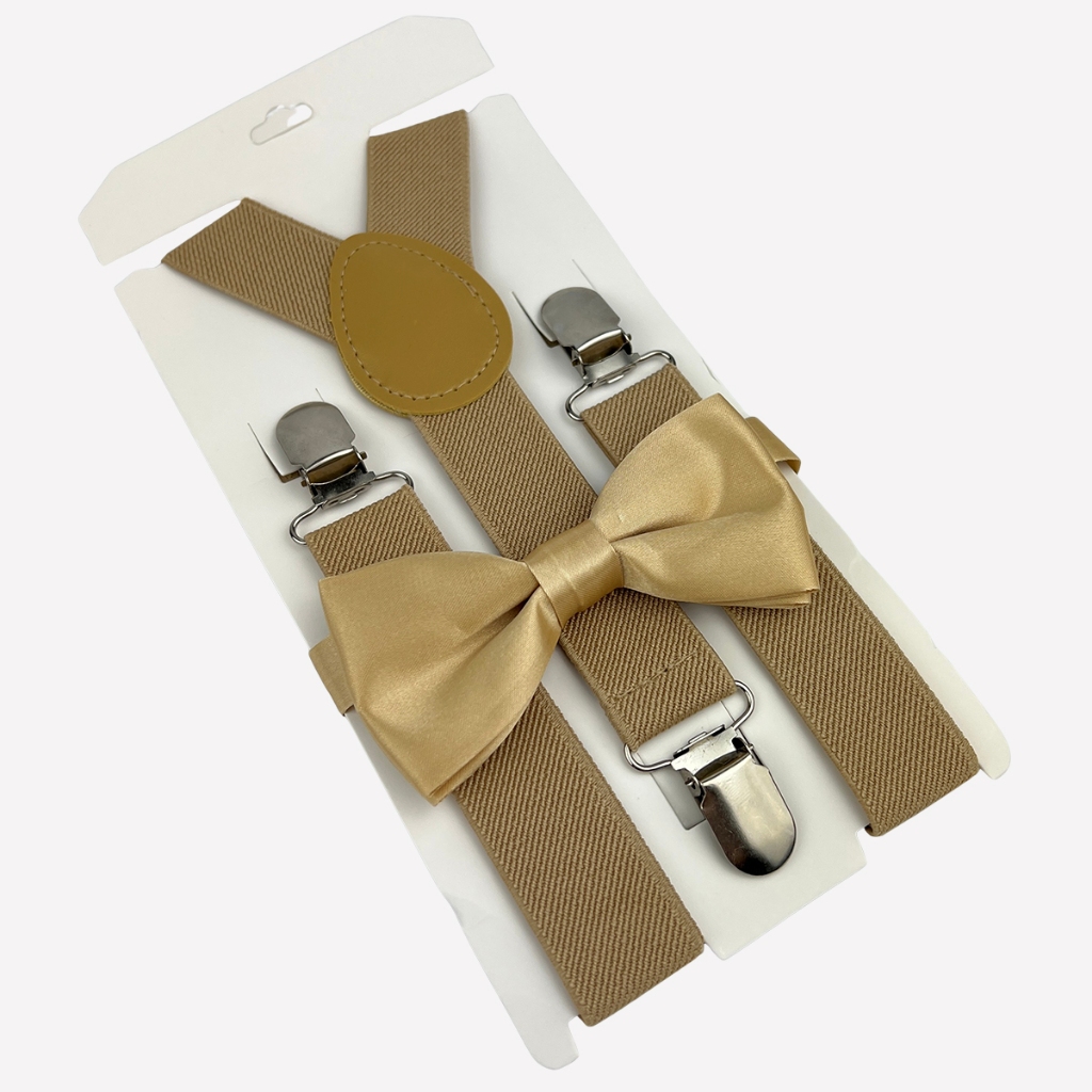 Kit Suspensório e Gravata Borboleta Bege Infantil Pajem Casamento