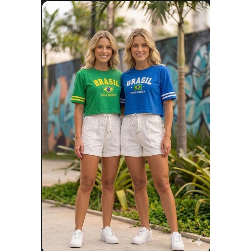 KIT 2 Cropped Oversized Feminino Brasil Copa Do Mundo Blusinha Feminina Oversized Blogueira Moda Gringa