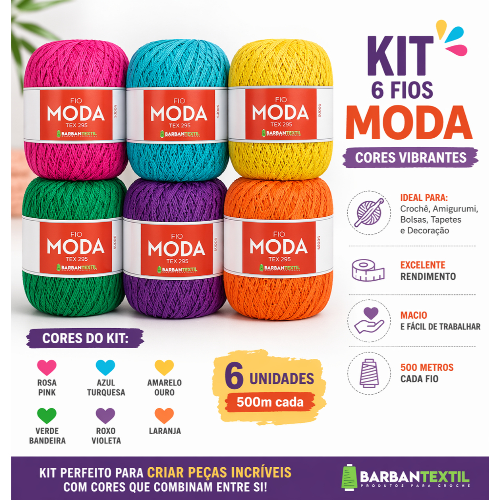 Kit 6 Fios Moda 500m Cores Sortidas TEX 295