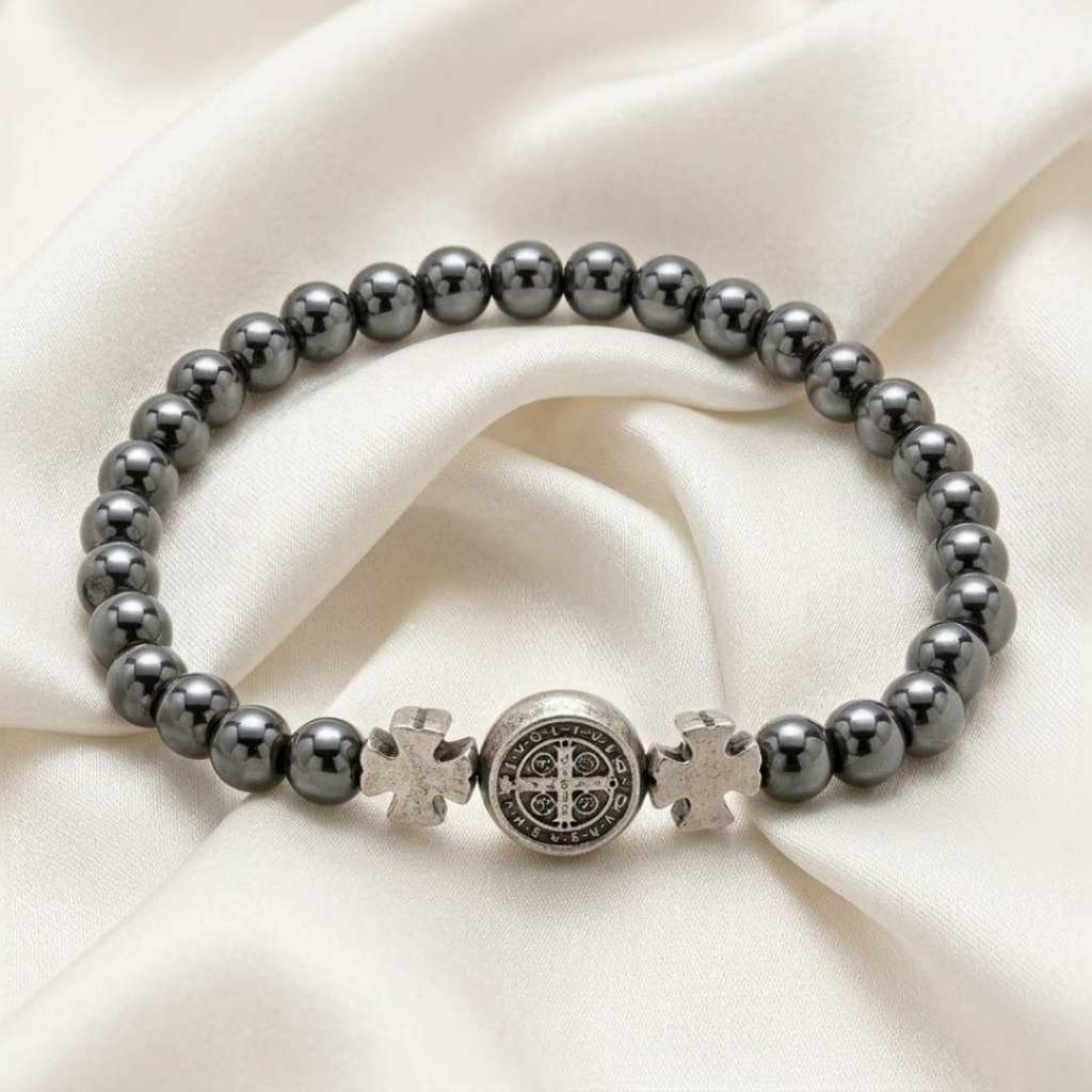 Pulseira São Bento Hematita Aço Inox Medalha de São Bento Masculina Feminina Religiosa