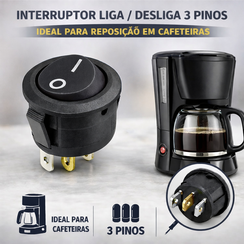 Interruptor Botão Redondo Liga/Desliga 3 Pinos para Cafeteira – Universal