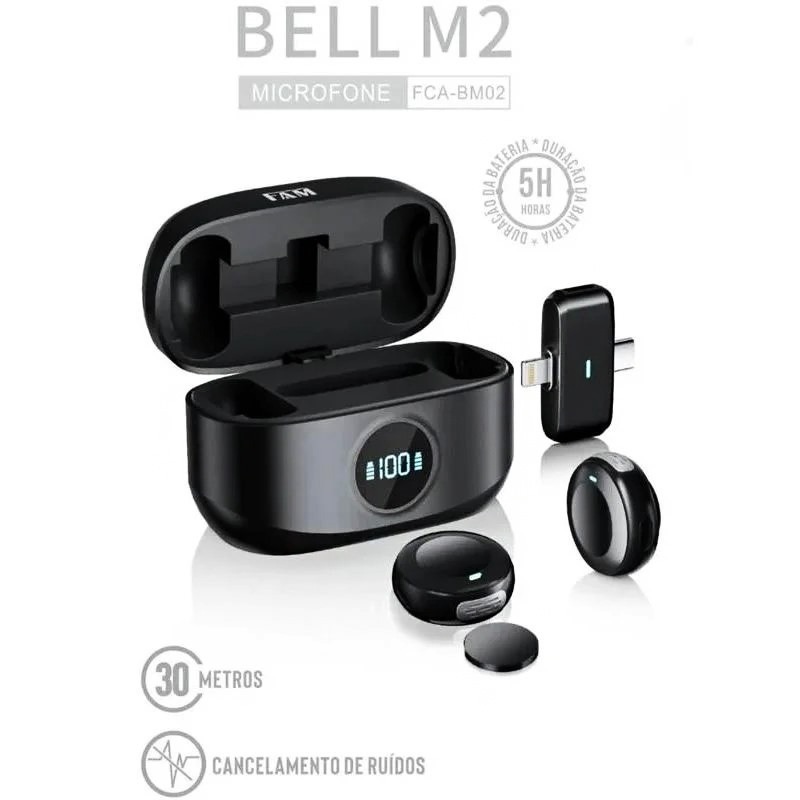 Microfone Lapela 2 em 1 Duplo Sem Fio Entrada Type-C e lightning Para Celular Cancelamento Ruido