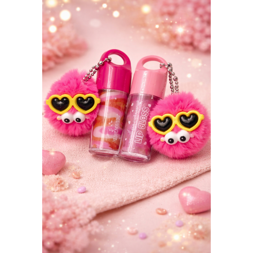 💖 Lip Gloss Chaveiro Pelúcia com Óculos Coração – Super Fofo e Brilho Incrível 💖