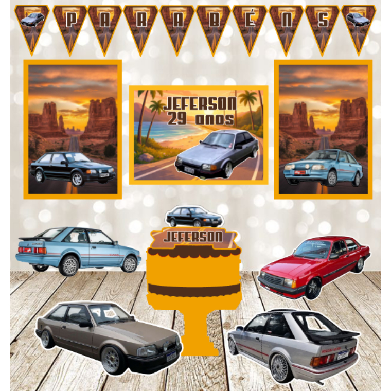 🎉 Kit Festa  CARRO ESCORT SCORT  – Painéis + TOPO de BOLO+BANDEIROLA+DISPLAYS - só um bolinho🎉