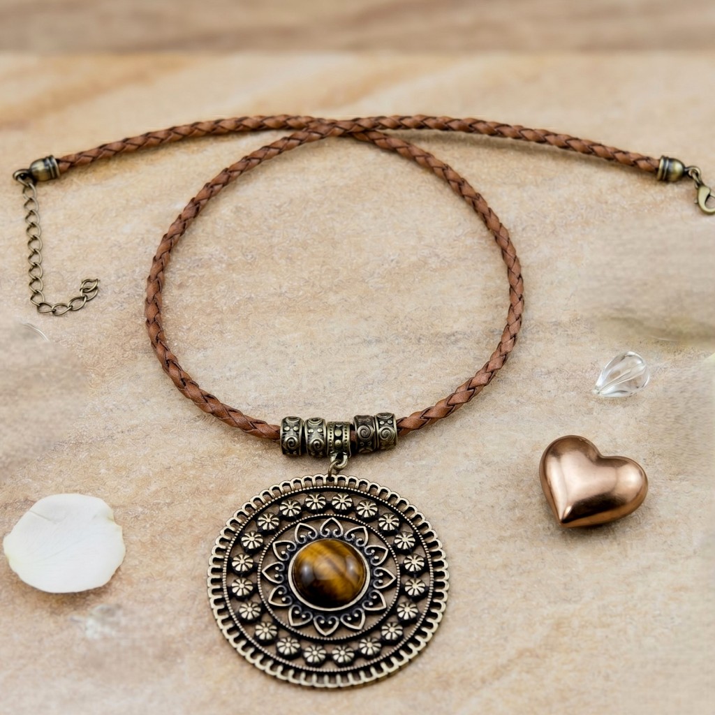 Colar De Couro Mandala Com Pedra Olho De Tigre Bijuterias
