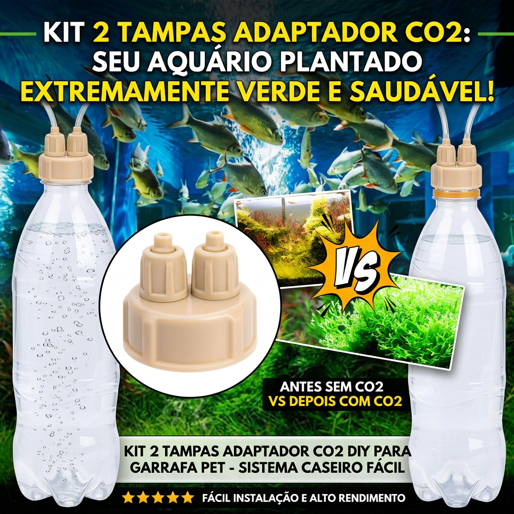 Kit 2 Tampas Adaptador CO2 para Aquário Plantado Sistema DIY com Garrafa PET Difusora CO2 Caseiro