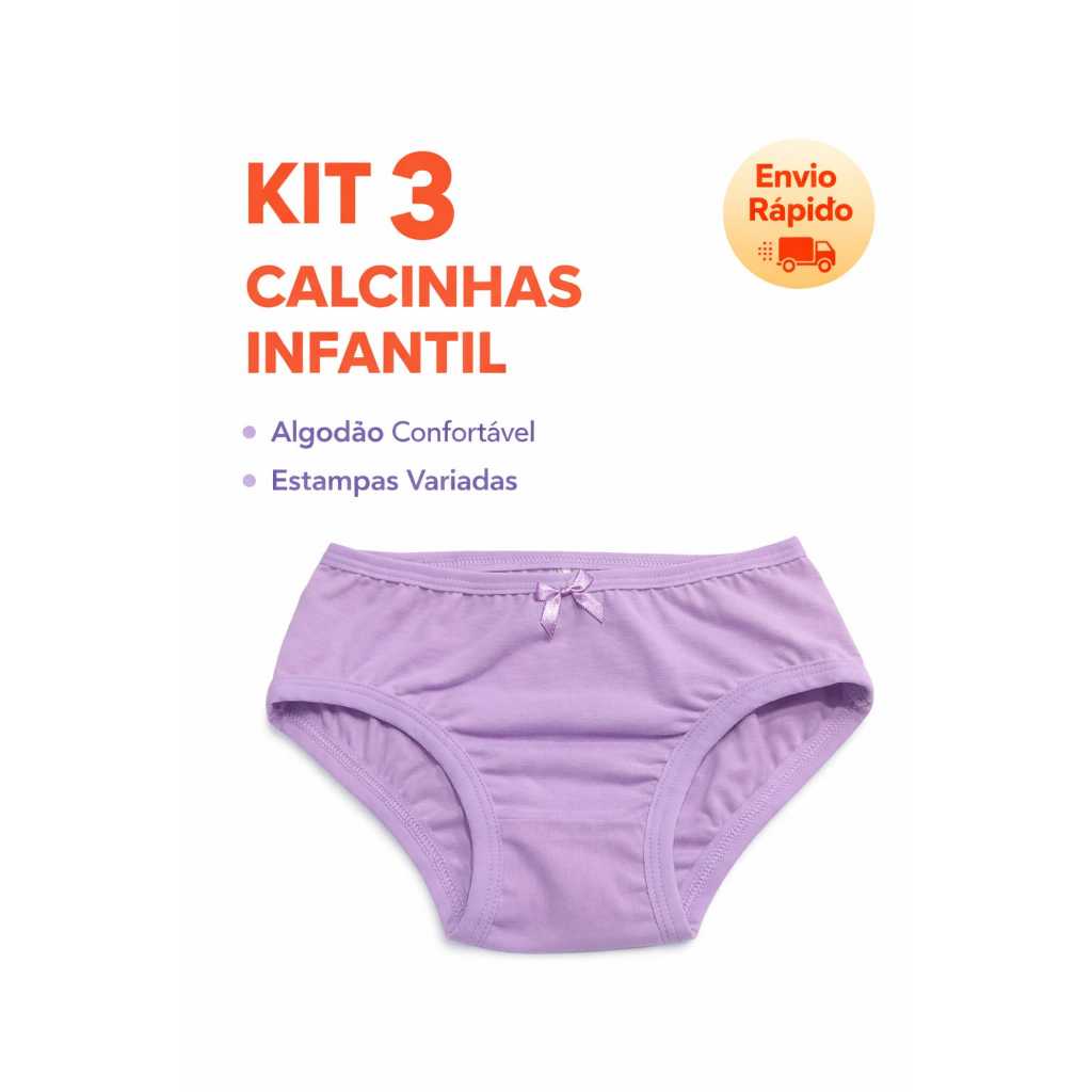 Kit 3 Calcinhas Menina Moda Intima Infantil Roupas De Menina Algodão Confortavél