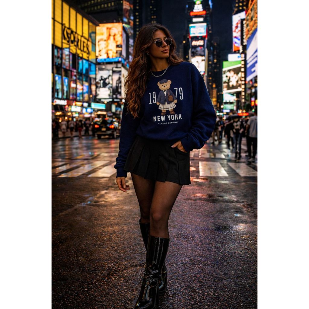 Moletom Gola Redonda Urso Feminino Estiloso Blusa de Frio Moda Inverno