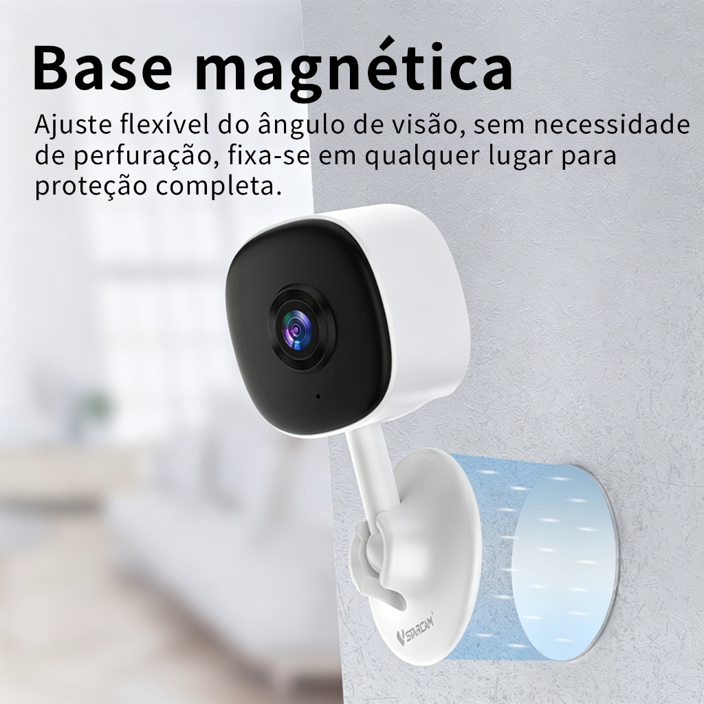 Câmera Inteligente Interior Lente 2.8mm 80° Zoom 5x Visão Noturna Infravermelho Base Magnética