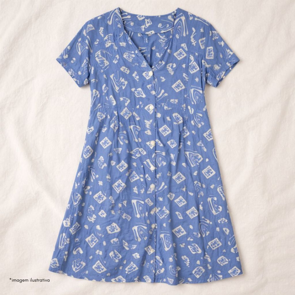vestido brechó vintage 90s azul estampado soltinho viscose midi retrô divertido grunge leve
