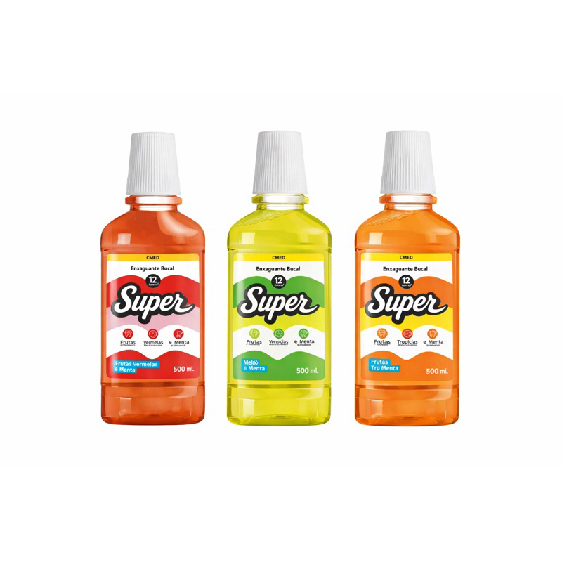 Enxaguante Bucal Super 500ml Sabores Variados com Menta Hálito Fresco Prolongado 3. Super Enxaguante Bucal 500ml Frutas
