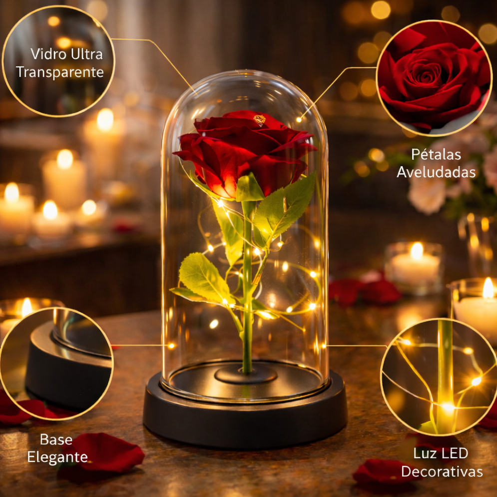 Flor na Cúpula Vidro Luminária Enfeite Rosa Encantada com LED Presente Dia dos Namorados Decoração