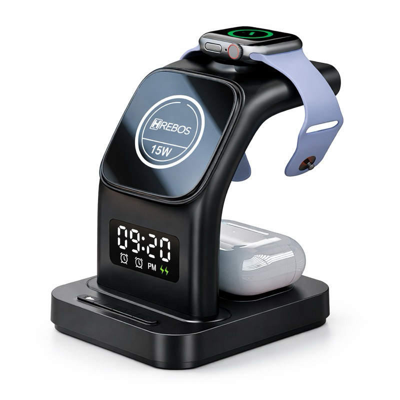 Carregador Sem Fio Magnético 5 em 1 Wireless Para Celular Smartwatch Fone Relógio Despertador Hrebos
