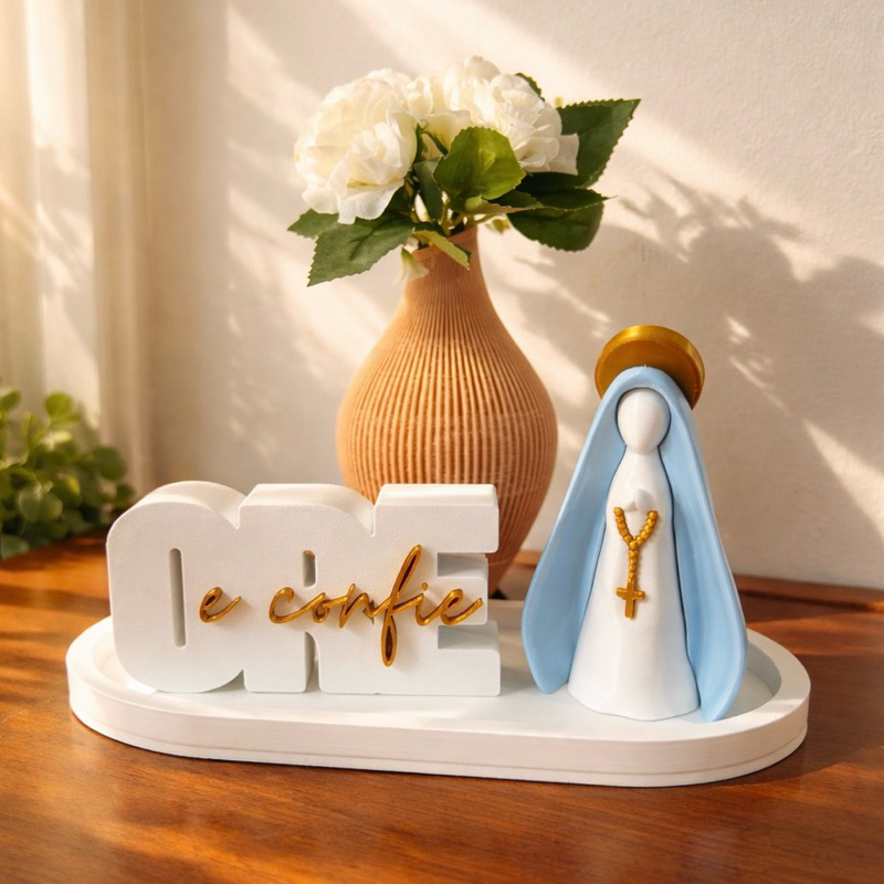 Nossa Senhora Aparecida Kit Decoração Religiosa Moderna + Bandeja Decorativa + Letreiro ORE e Confie