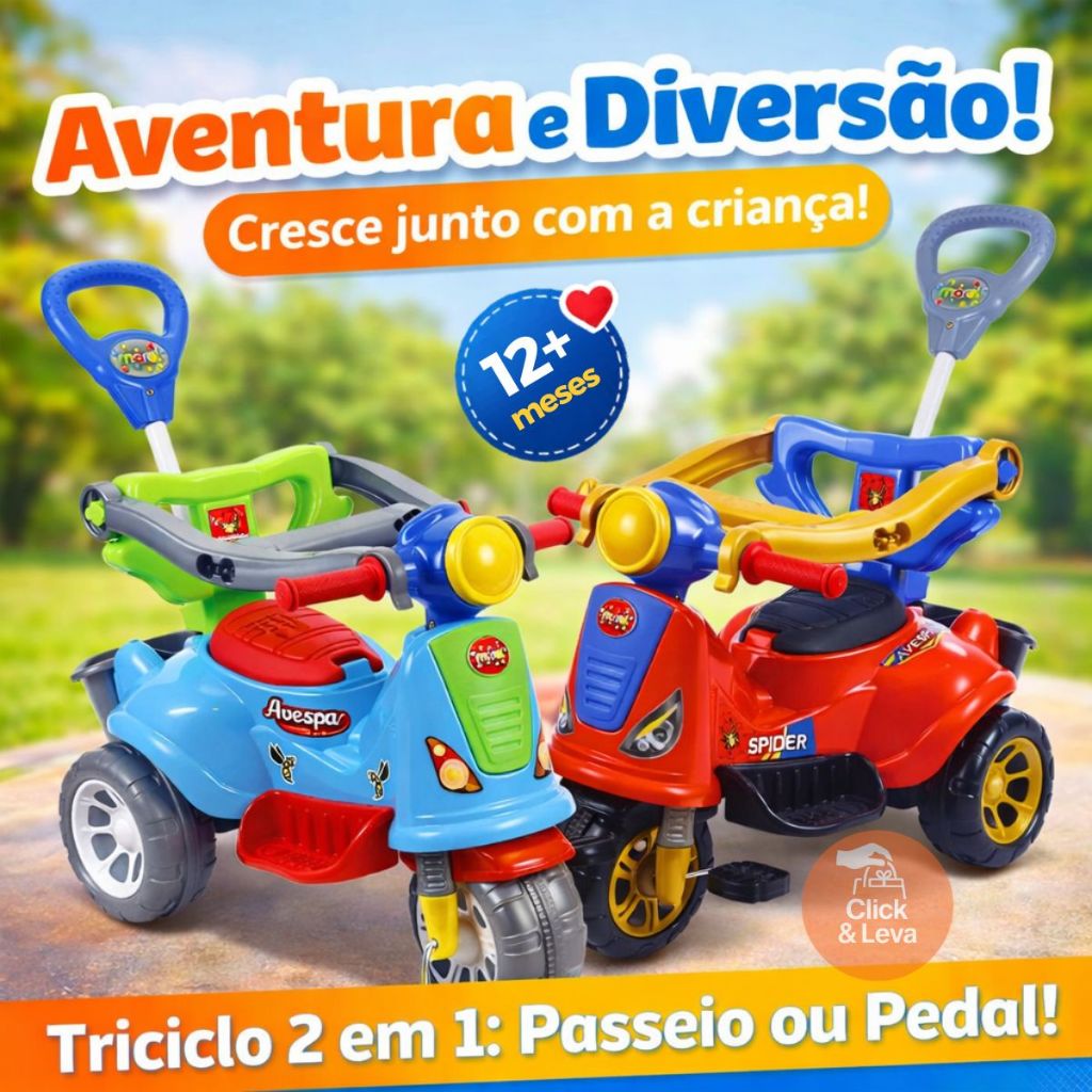 Carrinho Passeio Menino Menina Triciclo Motoca Avespa Colorido Spider Pedal Com Haste Regulável Criança Infantil Maral