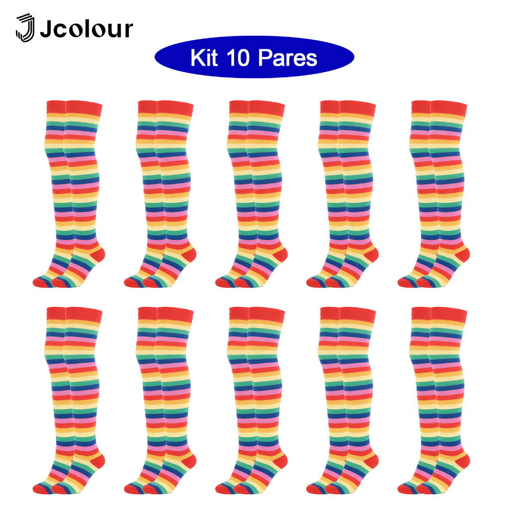 Jcolour Kit 10 Meias Arco-Íris Alta Longa 3/4 Acima do Joelho Colorida Listrada Arco Íris 34-39 · foto 2
