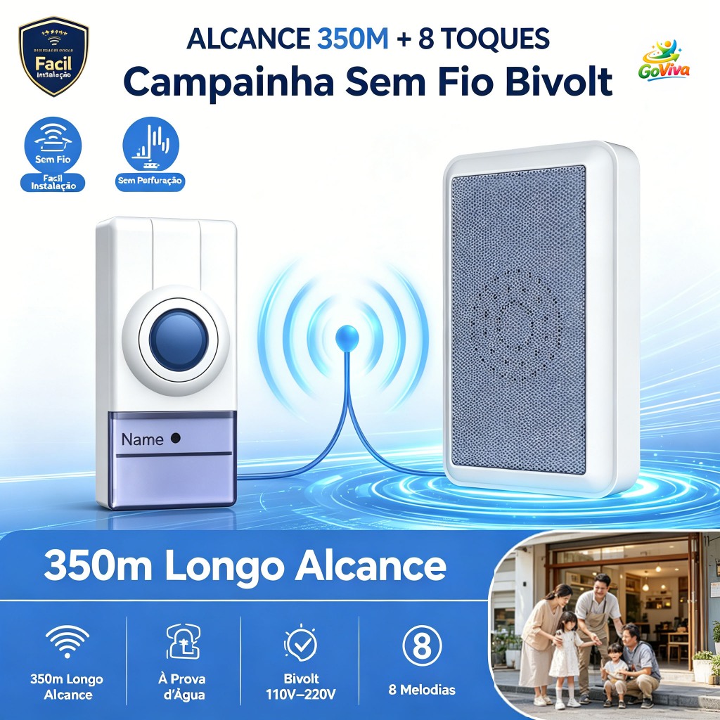 Campainha Sem Fio Bivolt à Prova d’Água 350m Alcance, 1 Botão 1 Receptor com 8 Toques para Casa e Comércio