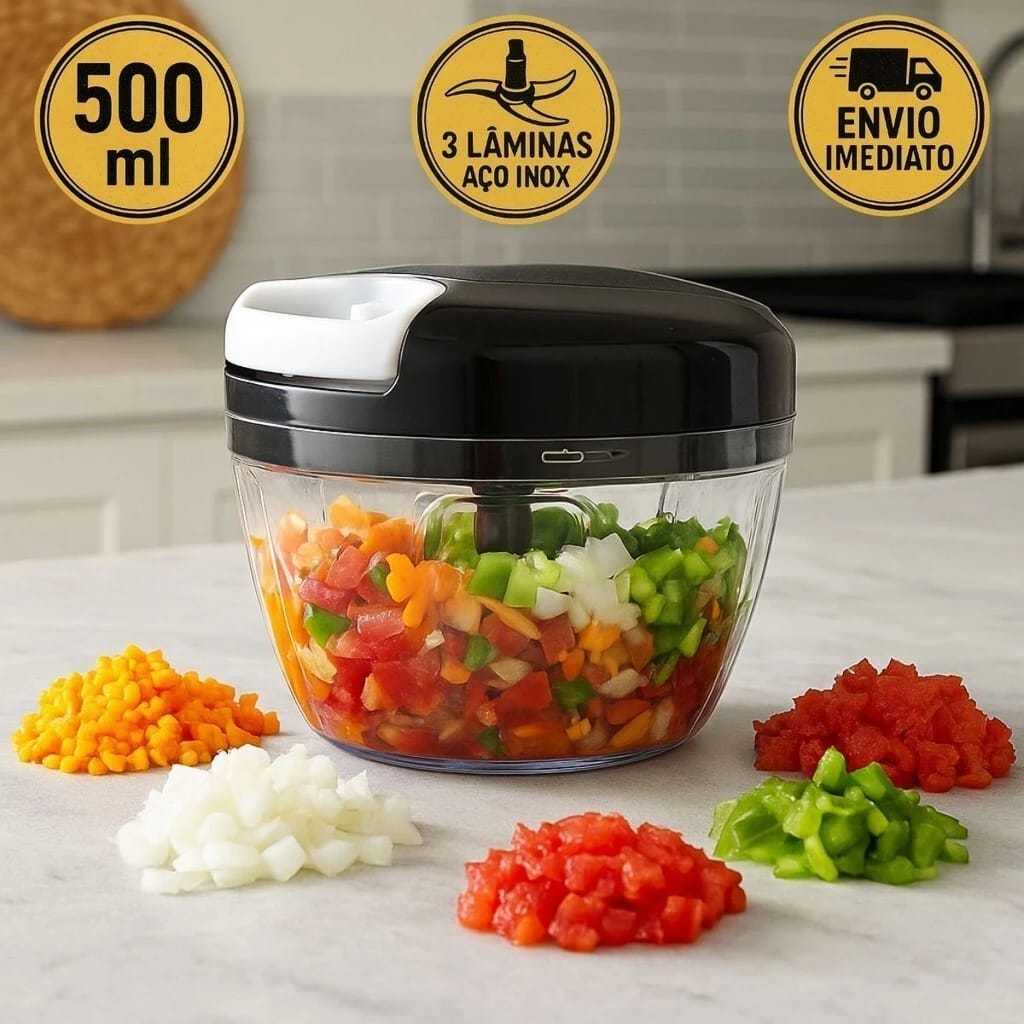 Processador Manual de Alimentos com Corda 500ml 3 Lâminas em Aço Inox Compacto e Portátil