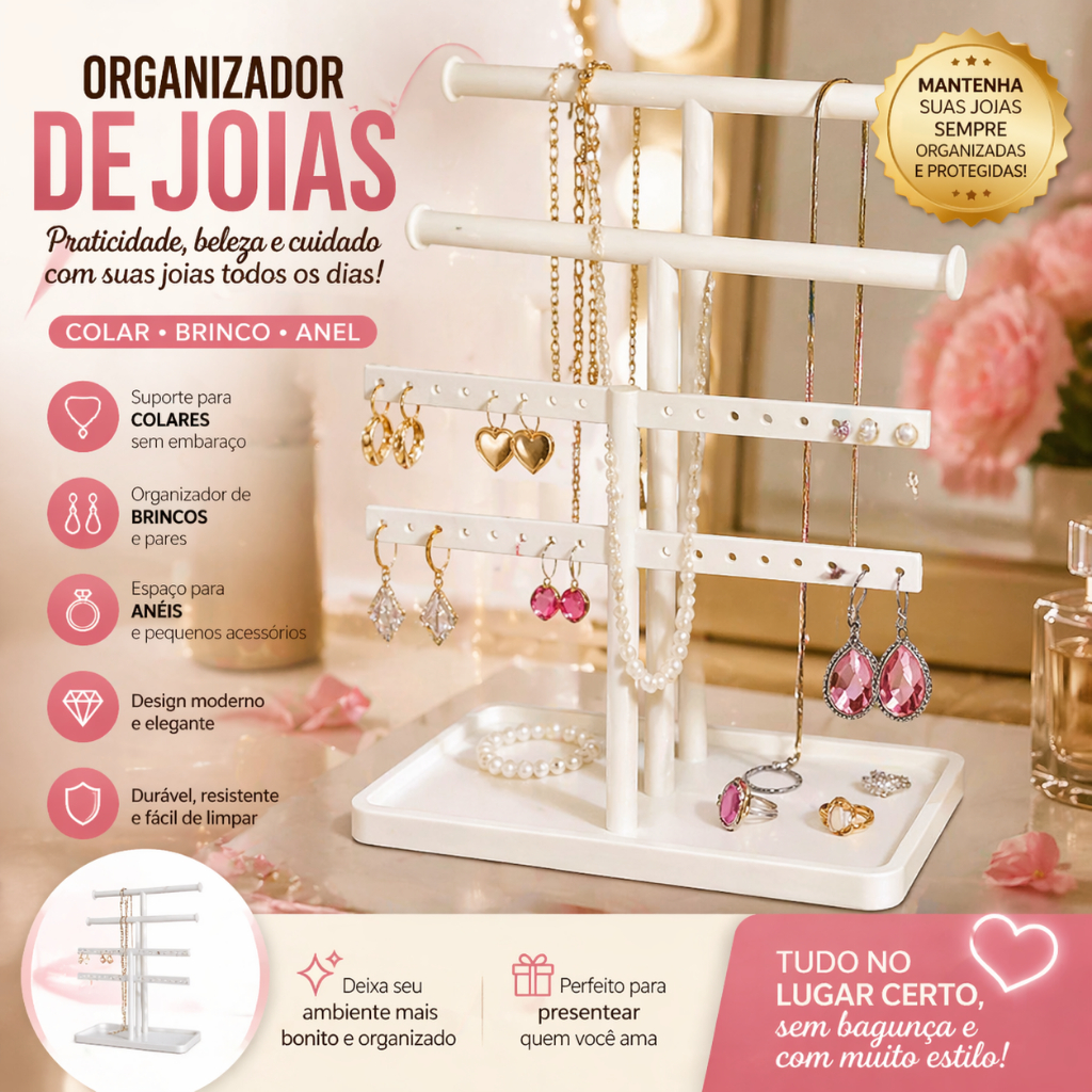 Organizador de Joias Completo Colar Brinco e Anel | Porta Joias Moderno Suporte Acessórios