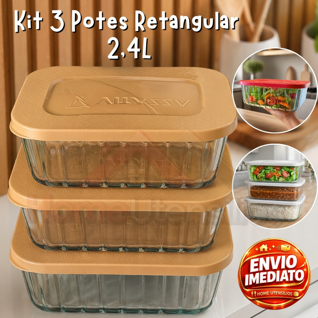Kit 3 Potes Tigela De Vidro 2.4 Litros Retangular Com Tampa Plástica