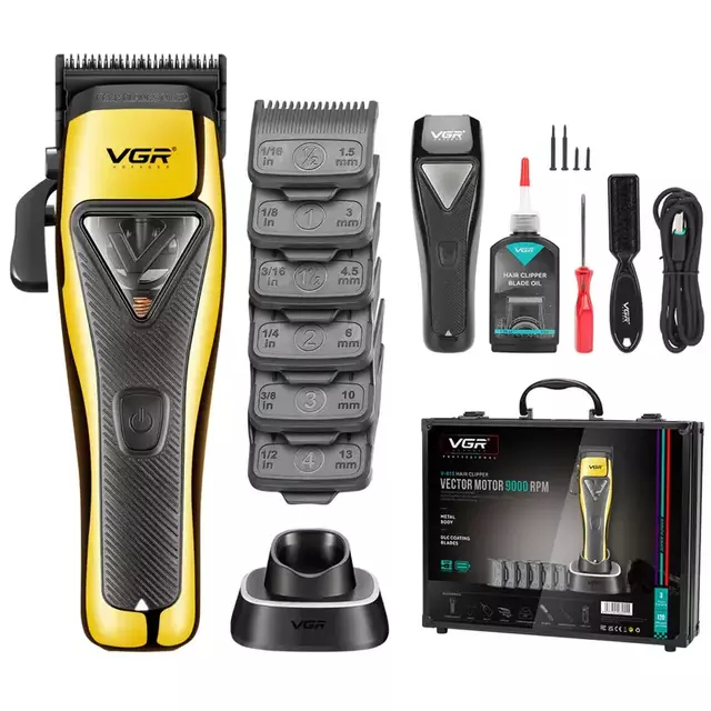 Máquina de Cortar Cabelo VGR V-015 Motor Vector 9.000rpm + Brinde 100un Gola Higienica ou Borrifador ou Pente