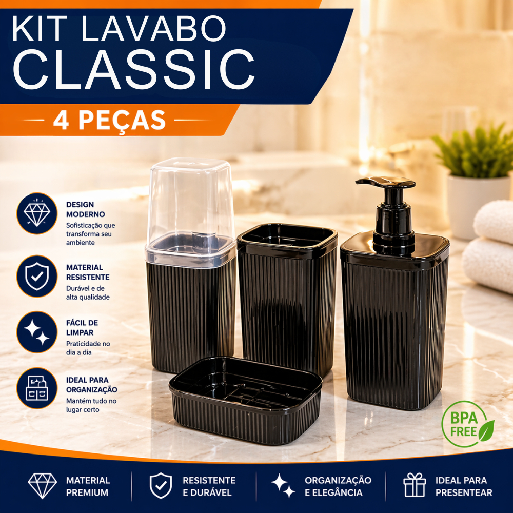 Kit Banheiro Lavabo Classic 4 peças Completo Luxo Plasútil Organizador Pia Utensílios Decoração