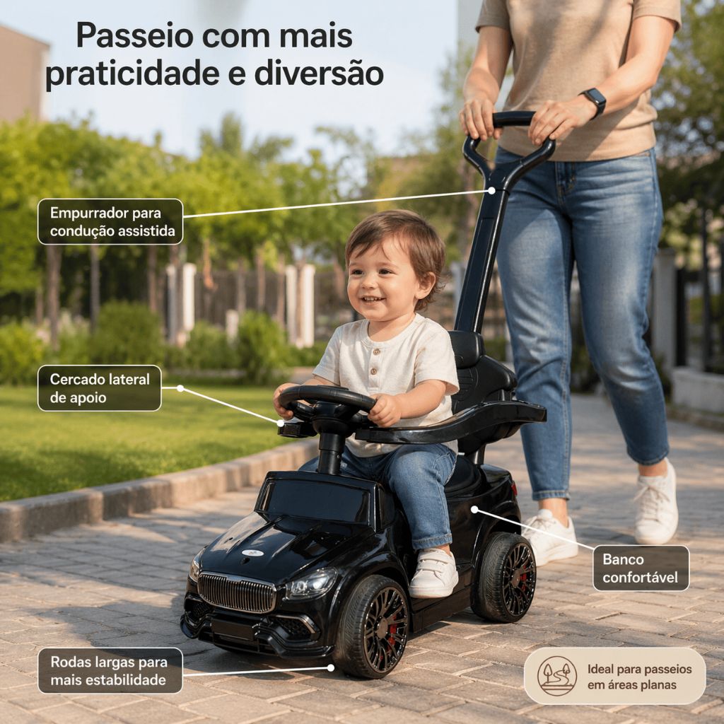 Carrinho de Passeio Crianças Infantil 6V Com Controle Remoto Haste Guia Empurrador Aro de Segurança