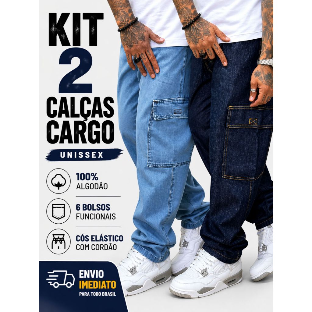 Kit 2 Calça Cargo Unissex Cós Elástico Confortável 6 Bolsos Casual Dia a Dia Larga