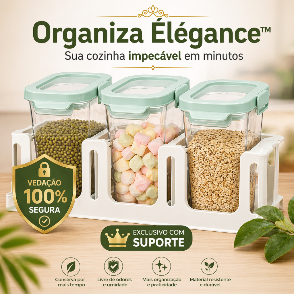 Kit Potes Herméticos 3 Peças com Suporte Organizador Vedação 100% Mantimentos Cozinha Transparente Premium Verde Éléganc