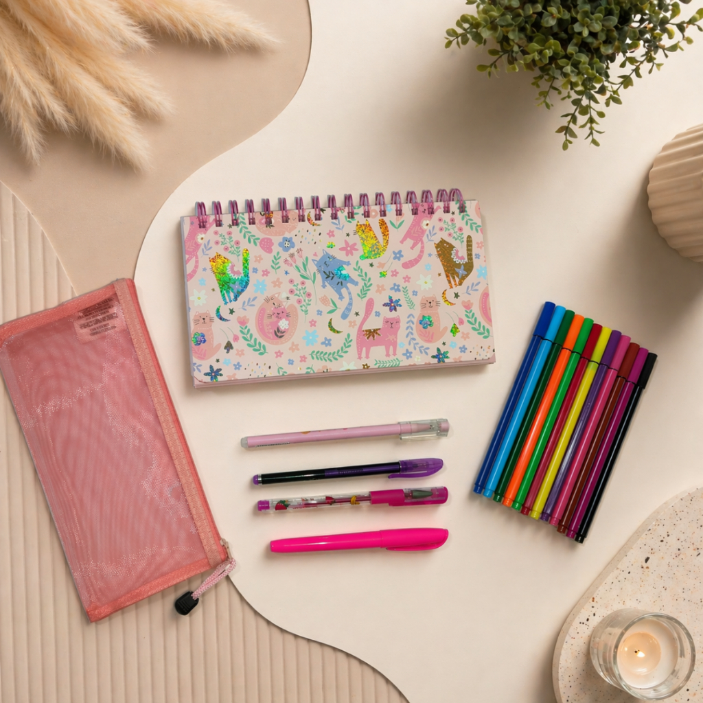 kit completo de papelaria Organize sua rotina com estilo Planner, Estojo e Canetas Coloridas