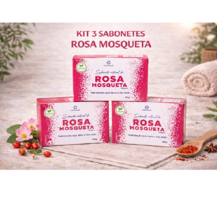 Kit 3 Sabonetes Rosa Mosqueta Artesanal Hidratante Clareador Pele Macia 90g
