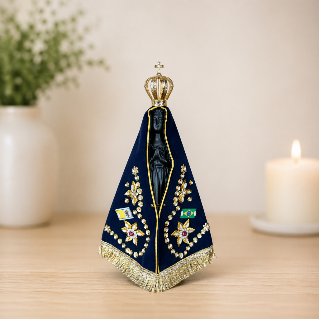 Kit Nossa Senhora Aparecida 25cm Gesso Manto Decorado Coroa Folheada Estátua Católica Presente Fé Imagem Religiosa Santo
