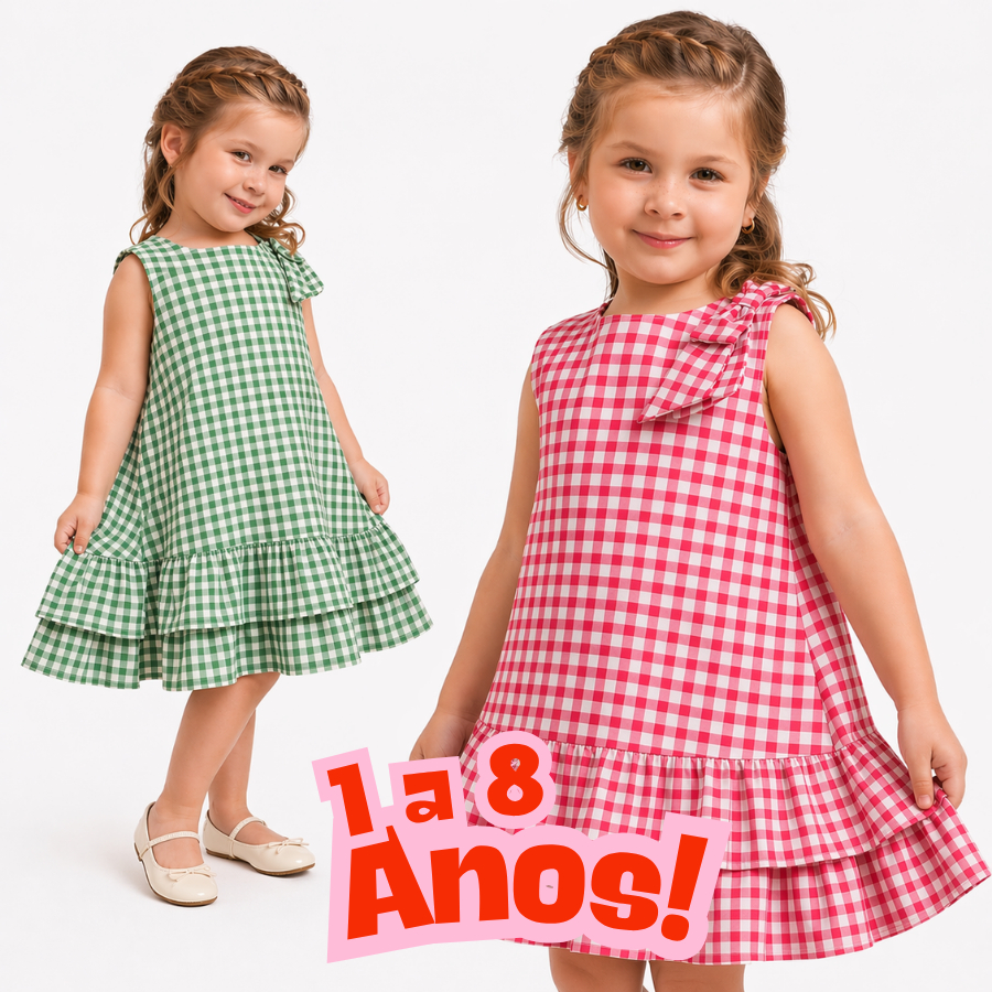 Vestido Junino Com Babadinhos e Detalhe Em Laço Para São João Vestido Xadrez Meninas 1 a 8 Anos kids