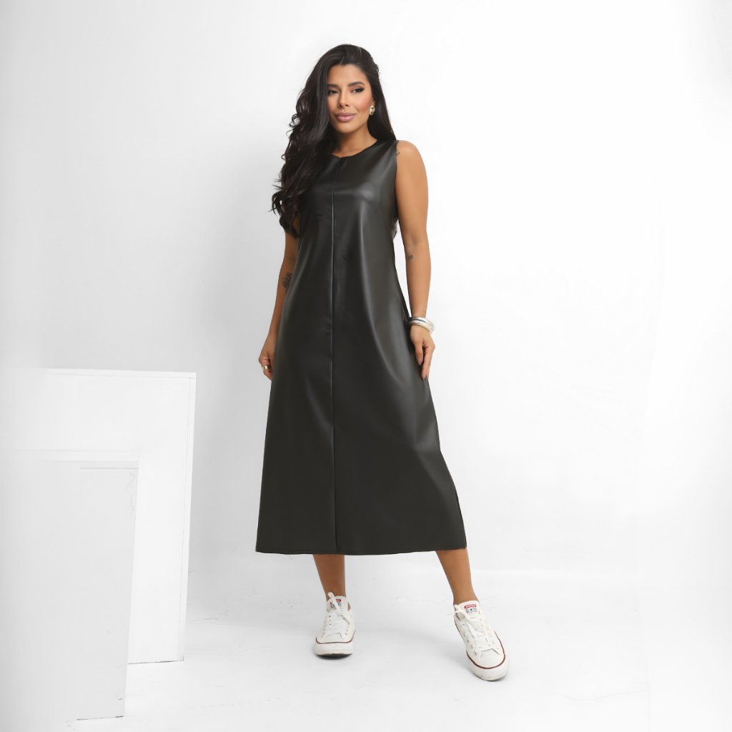Vestido Feminino Longuete Couro Regata Soltinho Moda Elegante