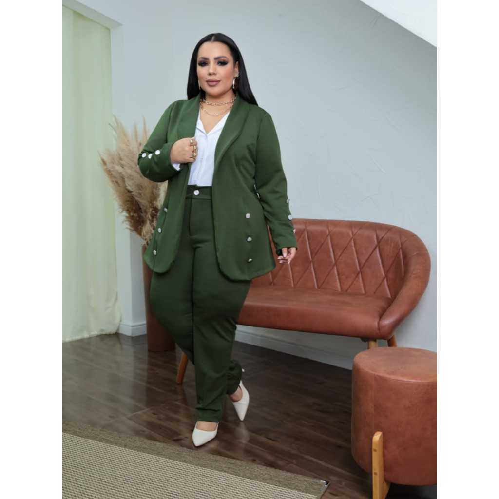 Conjunto Social Feminino Plus Size Ponto Roma Blazer Estruturado Calça com Zíper e Bolsos