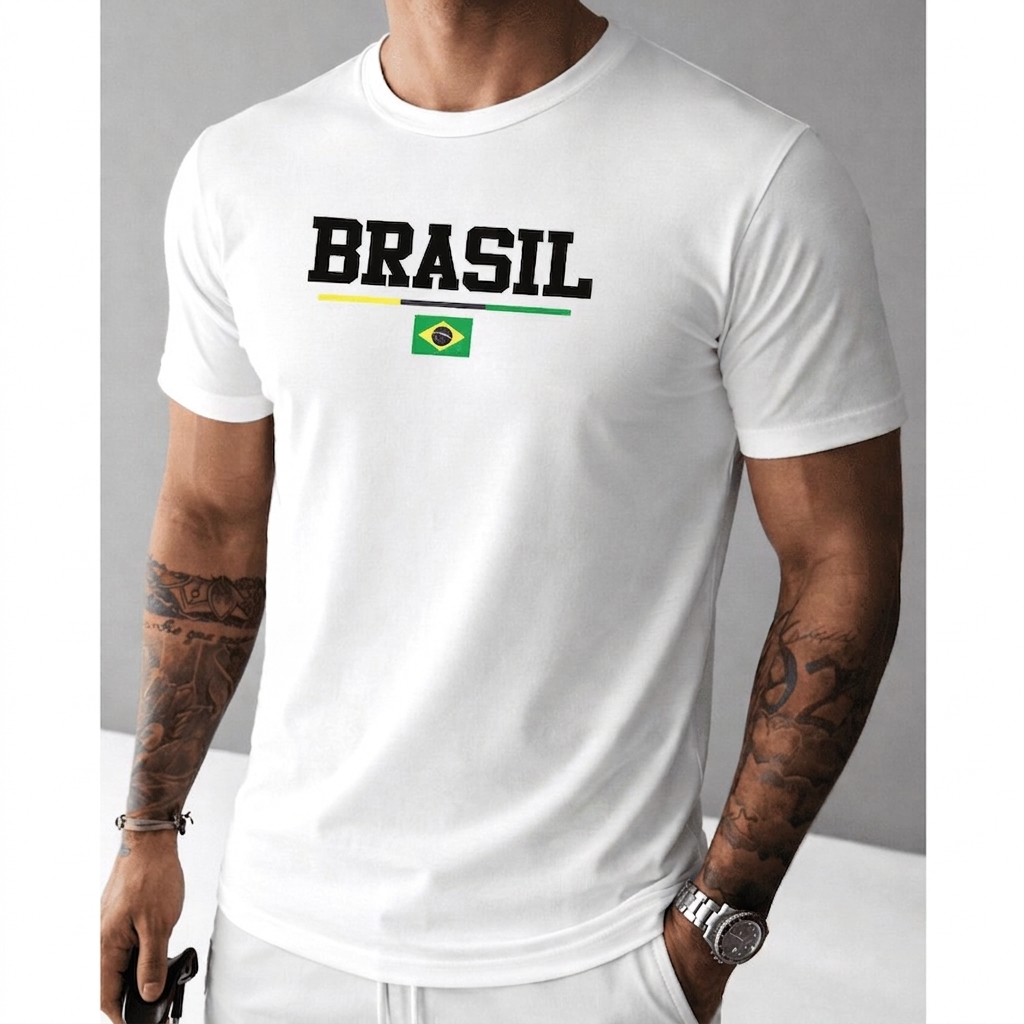 Camiseta Masculina Copa do Mundo Brasil Blusa Estampada Torcida Patriota Futebol