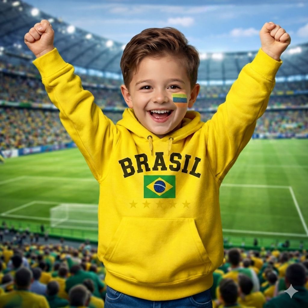 Blusa Moletom Infantil copa do mundo bola Canguru Capuz Inverno Brasil Futebol Torcida
