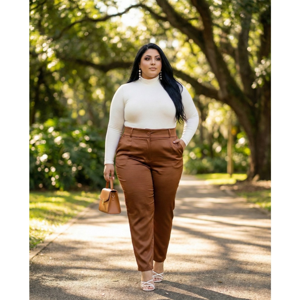 Calça Social Alfaiataria Feminina Plus Size Elegante Cintura Alta Reta Conforto Trabalho Escritório