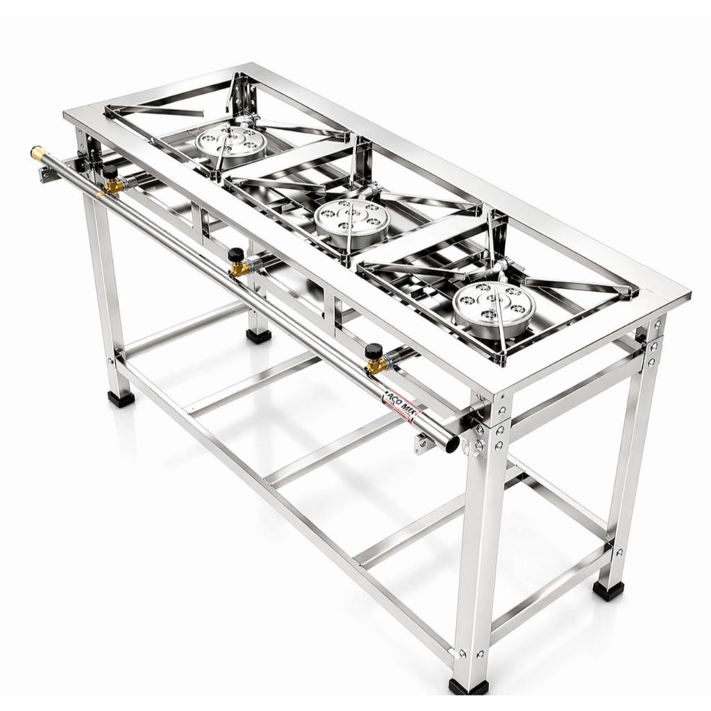 Fogão 3 Bocas Alta Pressão Total Inox Industrial Grelha 30x30 Perfil 5 Para Restaurantes