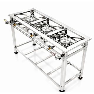 Fogão 3 Bocas Alta Pressão Total Inox Industrial Grelha 30x30 Perfil 5 Para Restaurantes