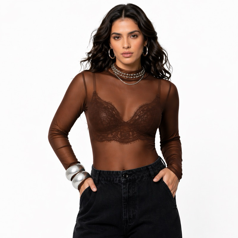 Body Tule Feminino Transparente Sexy Manga Longa Balada Festa