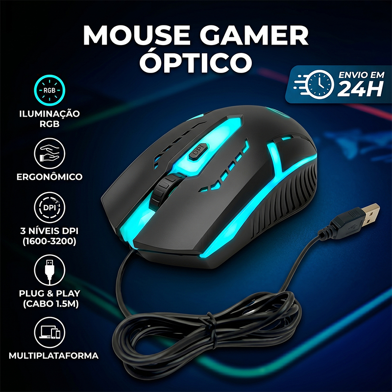 Mouse Gamer com LED RGB – Alta Precisão, DPI Ajustável até 3200, Design Ergonômico e Cabo 1,5m