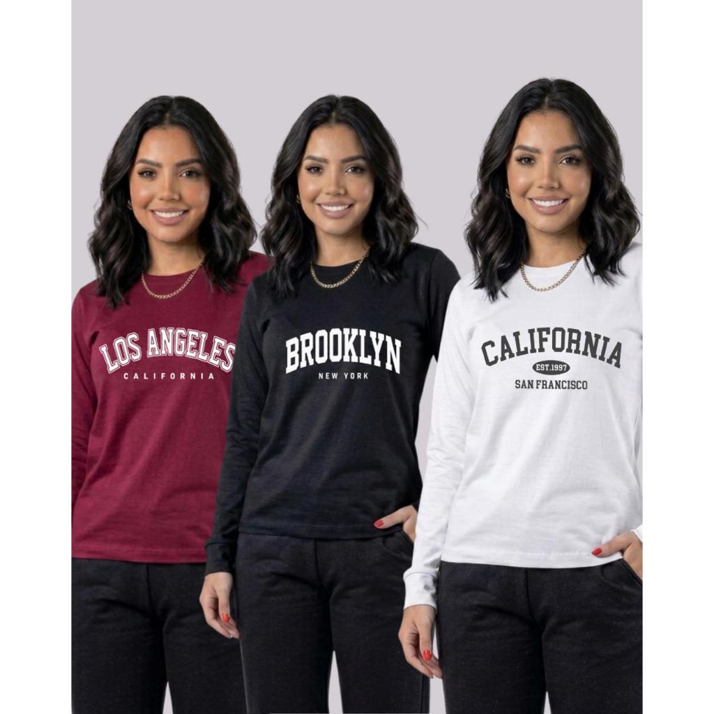 Kit 3 Blusas Feminina Camiseta Manga Longa Comprida Camisa Básica Moda Verão Tendência 100% Algodão