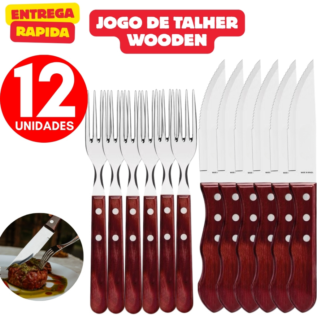 Jogo de Talher 12 Peças Wooden Aço Inox e Cabo de Madeira Para Churrasco Restaurante Alta Qualidade