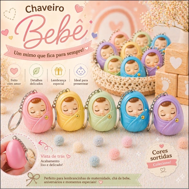 kit 10 UN Chaveiro Lembrancinha Maternidade Chá de Bebê Chá Revelação Lembrancinhas Nascimento Impressão 3D Varias Cores