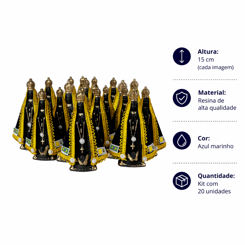 Kit 20 Imagens Nossa Senhora Aparecida 15cm Gesso Manto Azul Marinho Estátua Católica Decoração Revenda Presente