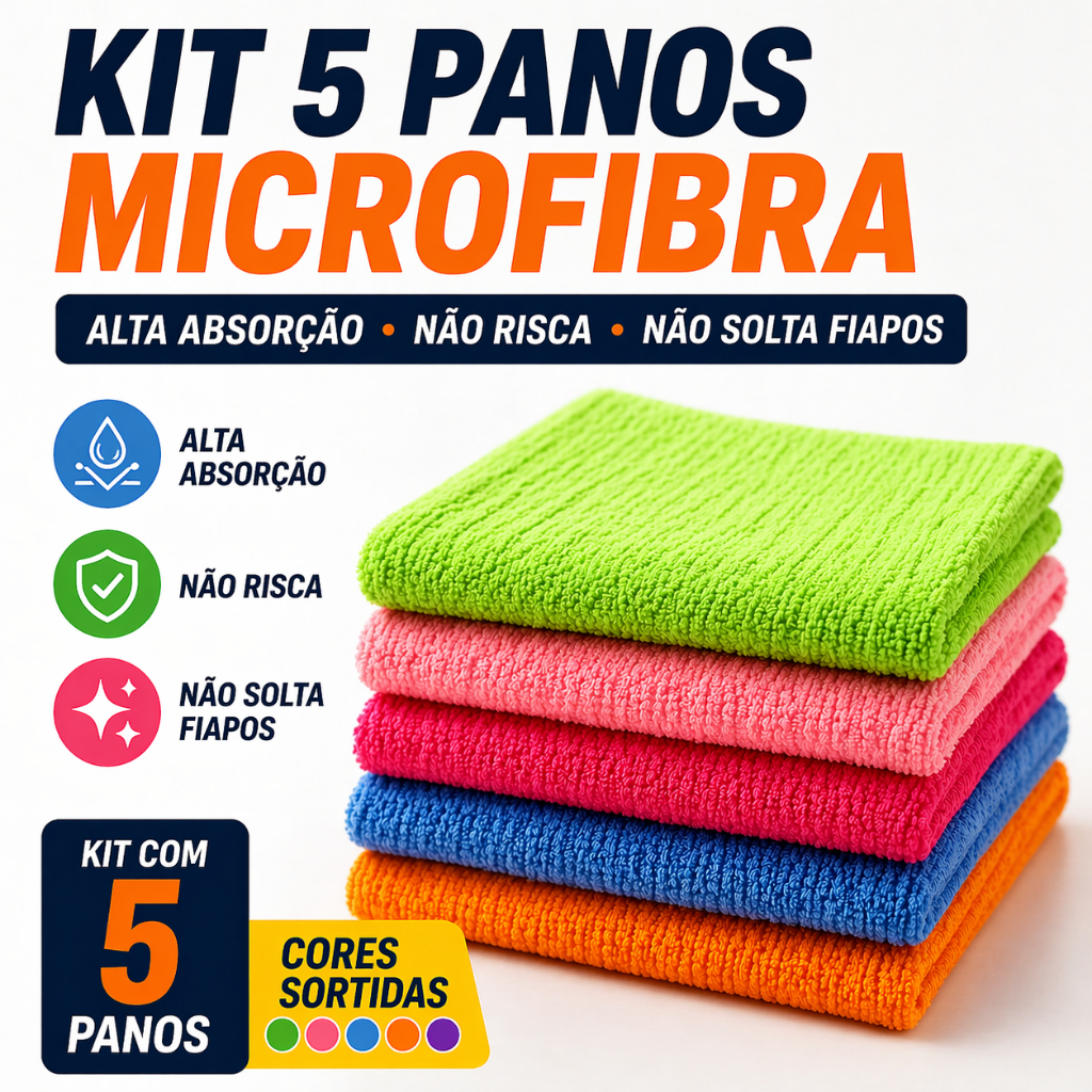 Kit 5 Panos de Microfibra 30x30cm Alta Absorção Anti Risco Sem Fiapos Limpeza Automotiva e Doméstica