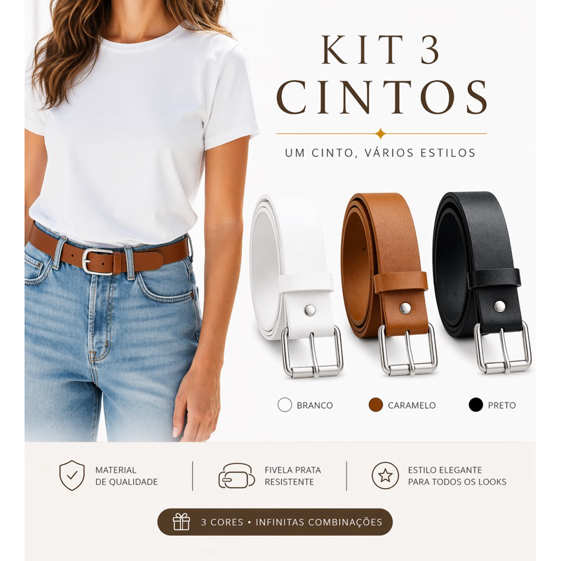 Kit 3 Cintos feminino 3 cm Largos - Fivela Prata da Moda- Bella