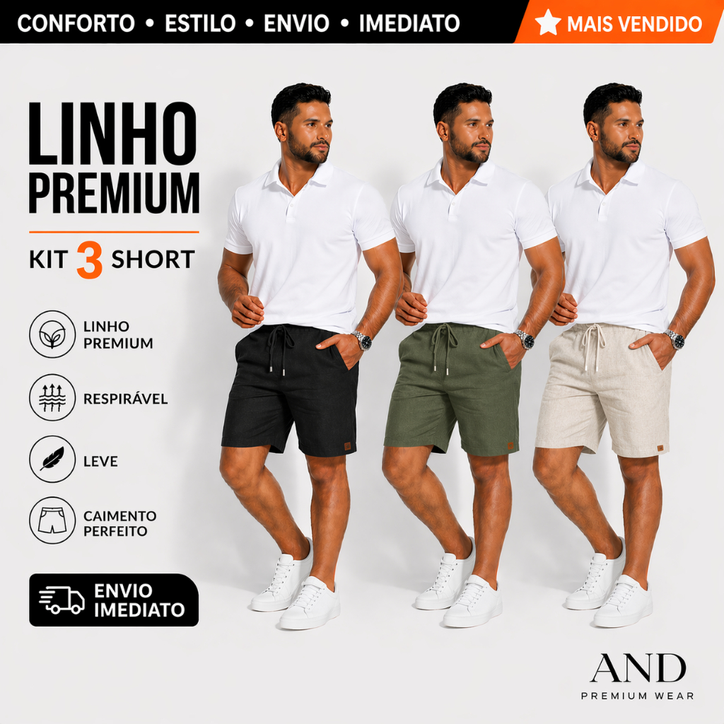 Kit 3 Shorts Linho Masculino Básico Mauricinho Premium - Bermuda em Linho moda Praia verão